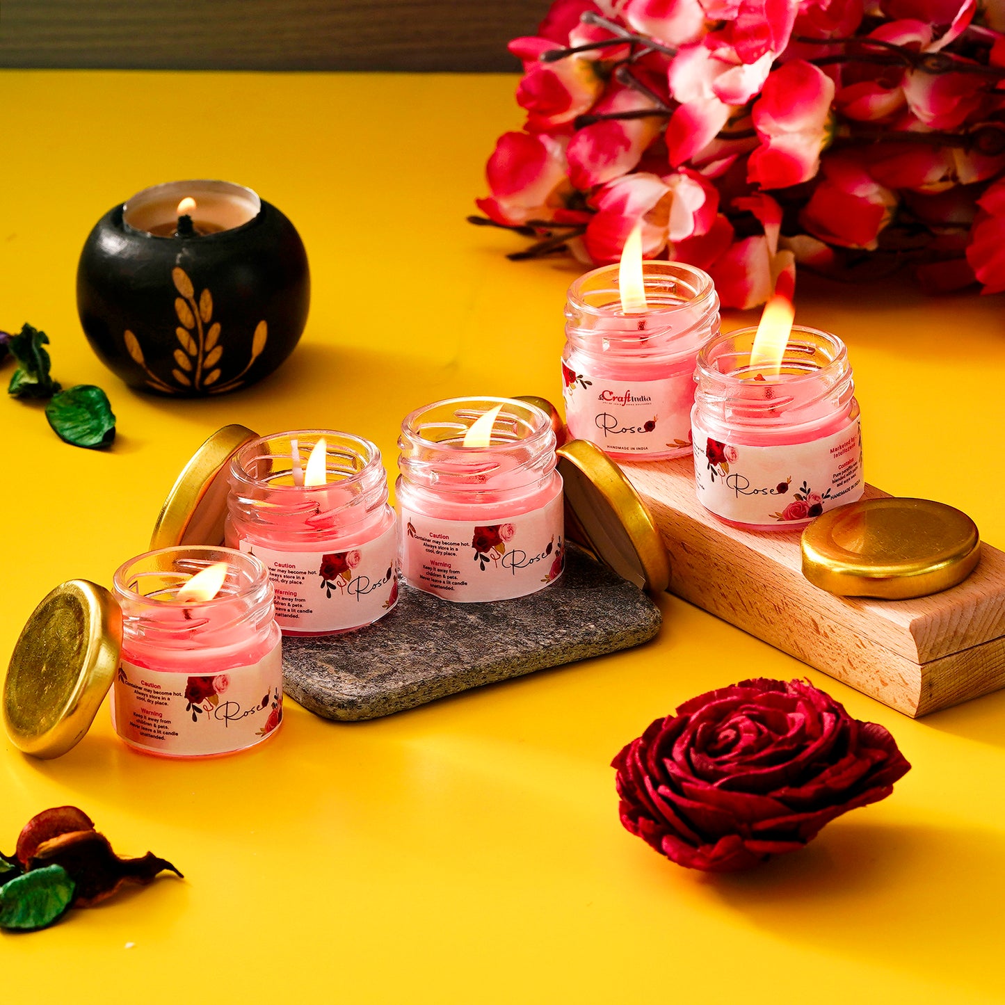 eCraftIndia Set of 5 Rose Scented Mini Jar Candles
